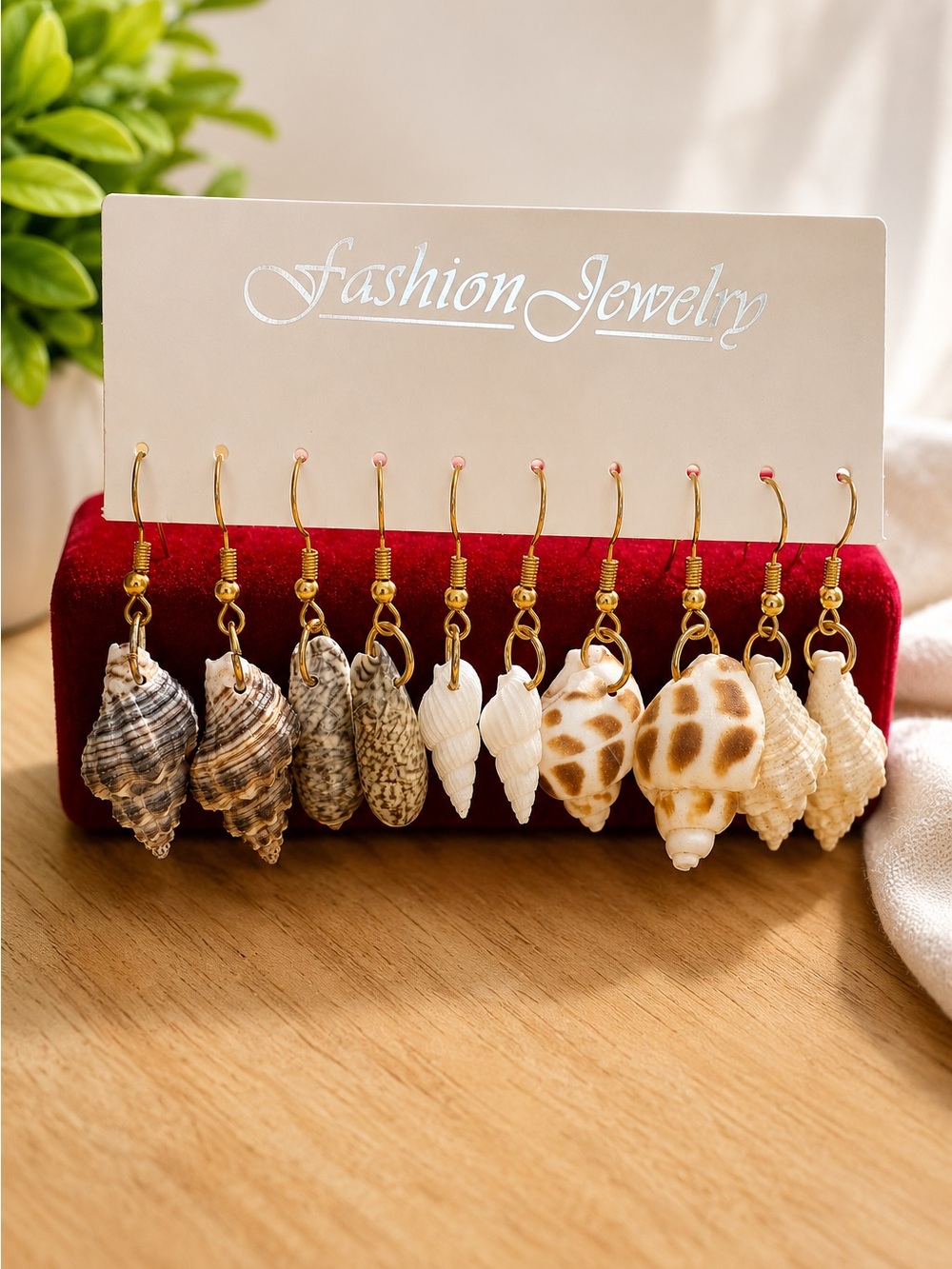 Shell Drop Earrings Set with Gold Hooks - Natural Brown & Cream